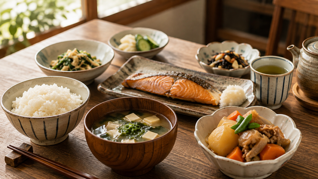 Japanese home dining table with rice, miso soup, grilled fish and side dishes