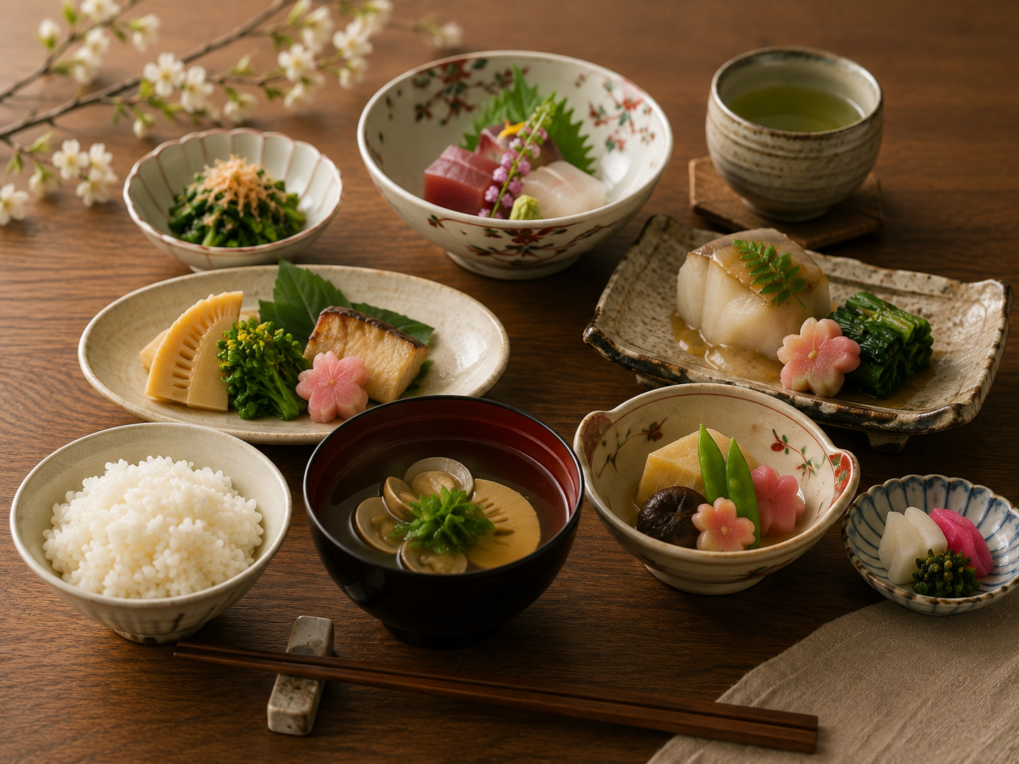 Washoku meal with rice, soup, grilled fish and seasonal side dishes