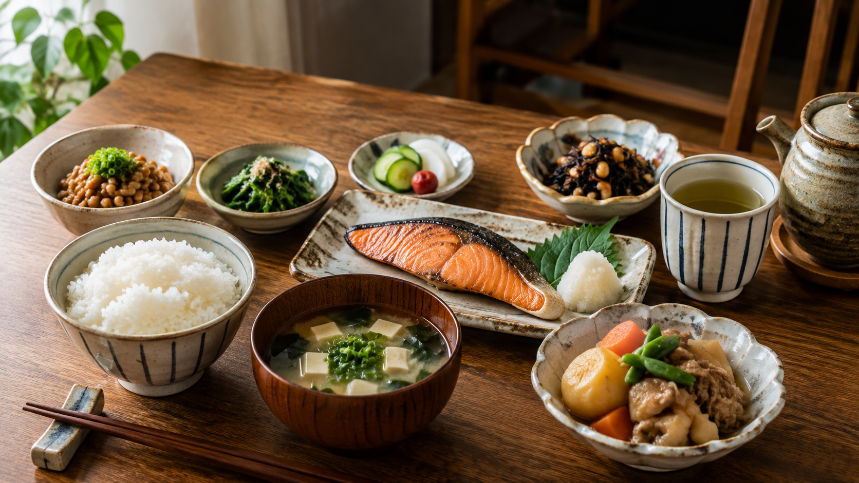 Japanese home meal with rice, miso soup, grilled fish and side dishes