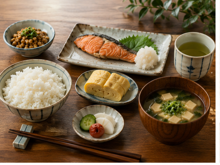 Japanese breakfast with rice, grilled salmon, tamagoyaki, natto and miso soup
