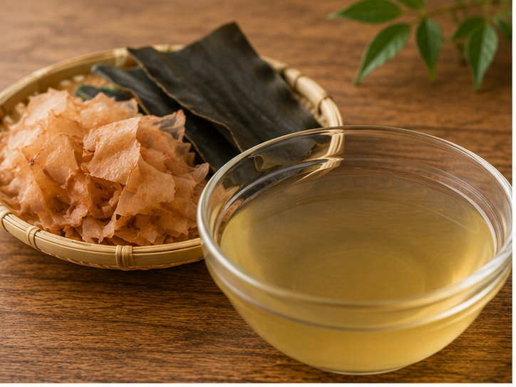 Japanese dashi stock ingredients with kombu and bonito flakes