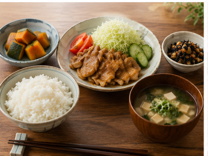 Japanese home dinner with rice and several shared dishes