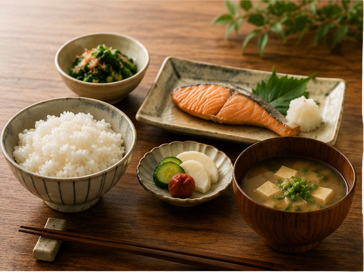 Ichiju sansai meal with rice, soup and three side dishes