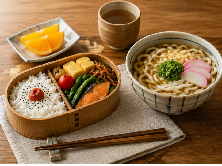Japanese lunch with bento and udon noodles