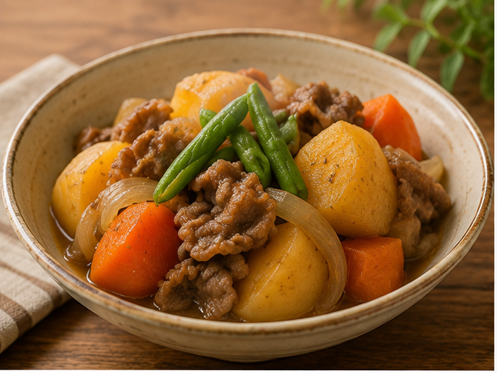 Nikujaga with simmered meat, potatoes, carrots and onions