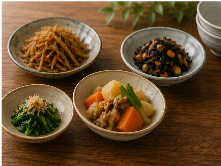 Okazu side dishes served with rice and soup