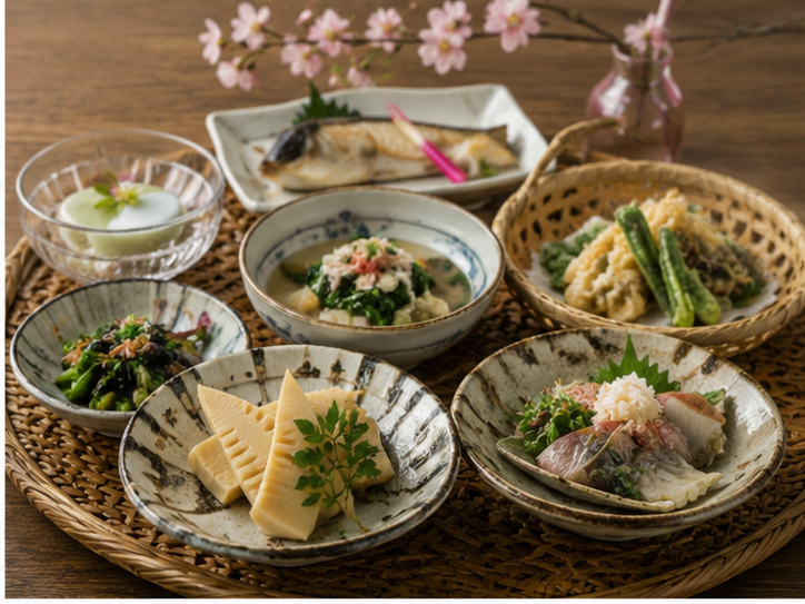 Seasonal Japanese foods representing the four seasons