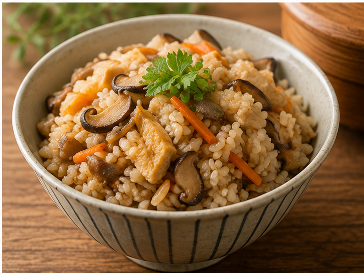 Takikomi gohan seasoned rice with vegetables and mushrooms