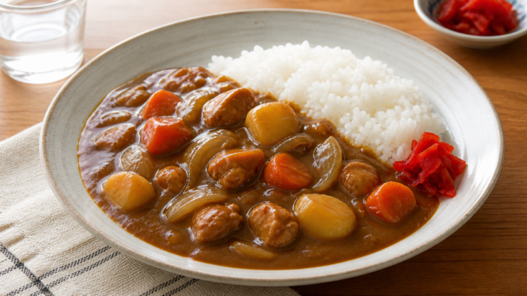 Japanese curry rice with chicken, potatoes, carrots and onions served beside steamed white rice