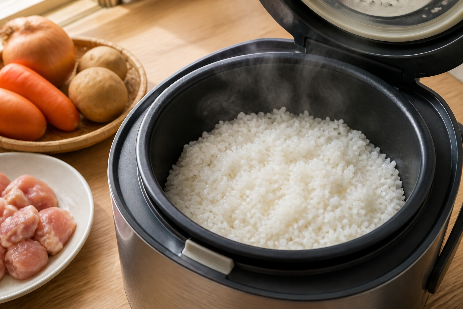 Freshly cooked Japanese short-grain rice steaming in an open rice cooker
