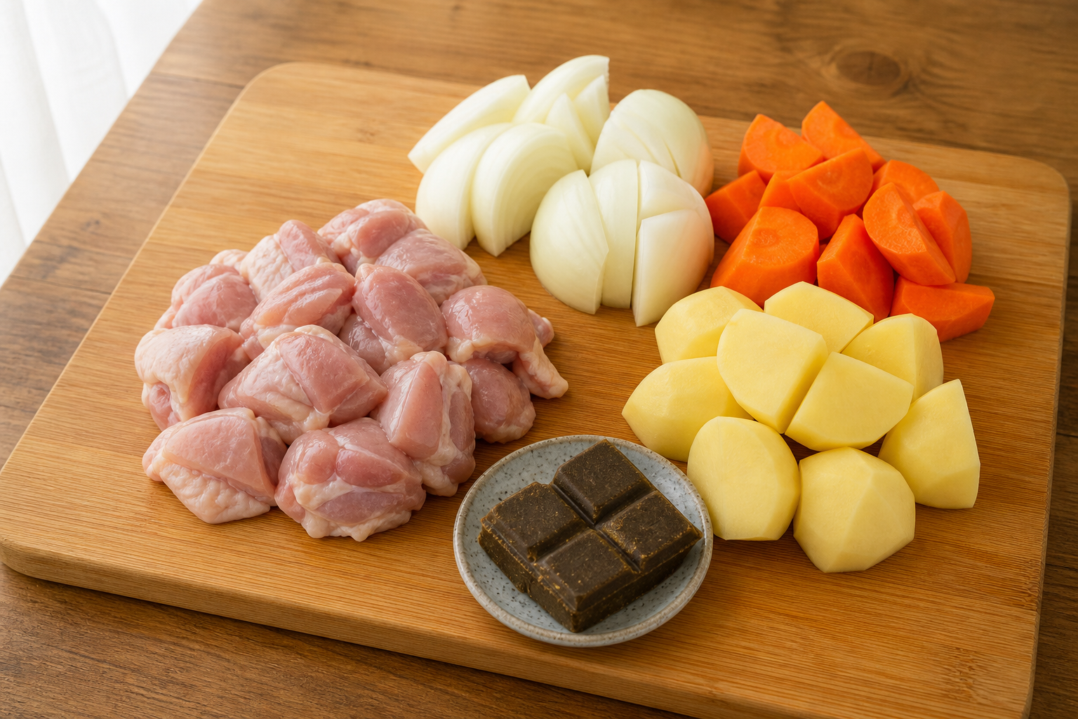 Cut chicken thighs, onion, carrots, potatoes and Japanese curry roux prepared for cooking
