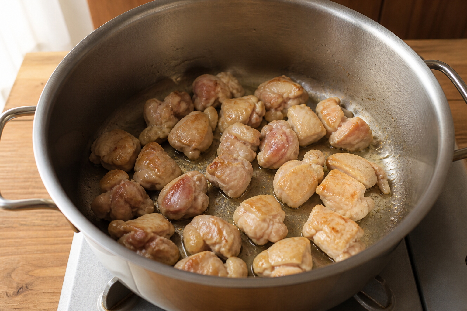 Bite-size chicken thigh pieces lightly browning in a stainless steel pot