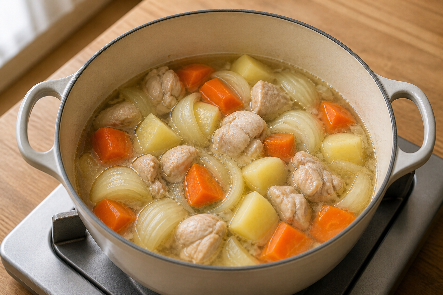 Chicken, potatoes, carrots and onions simmering in clear broth before curry roux is added