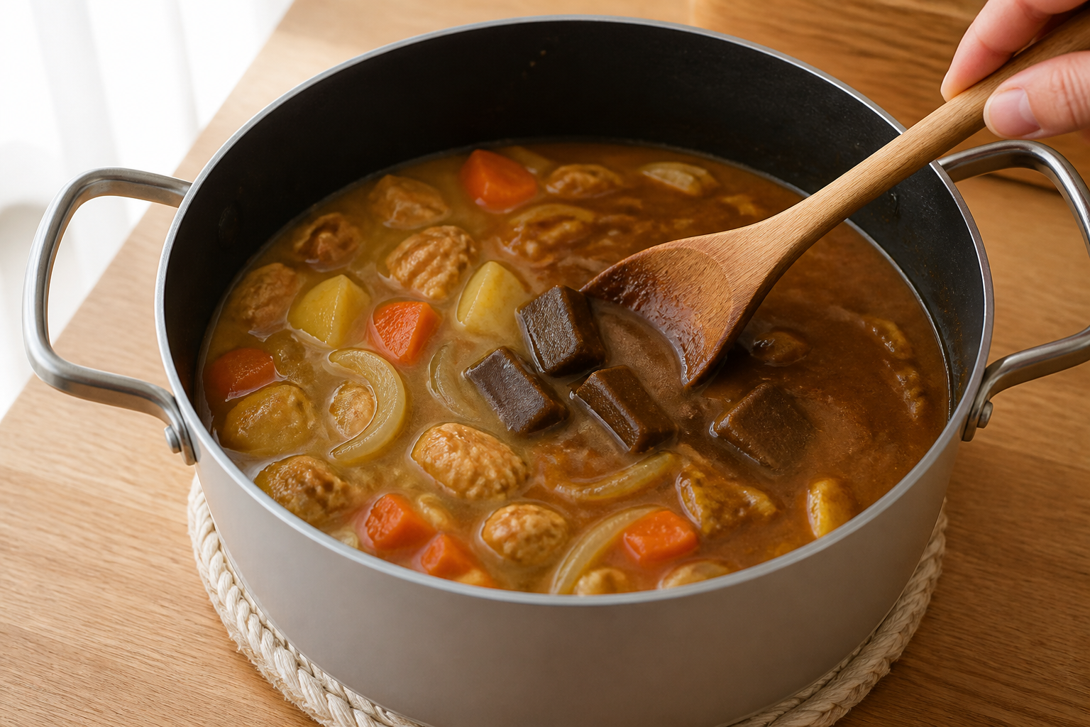 Japanese curry roux pieces dissolving into hot broth with chicken and vegetables