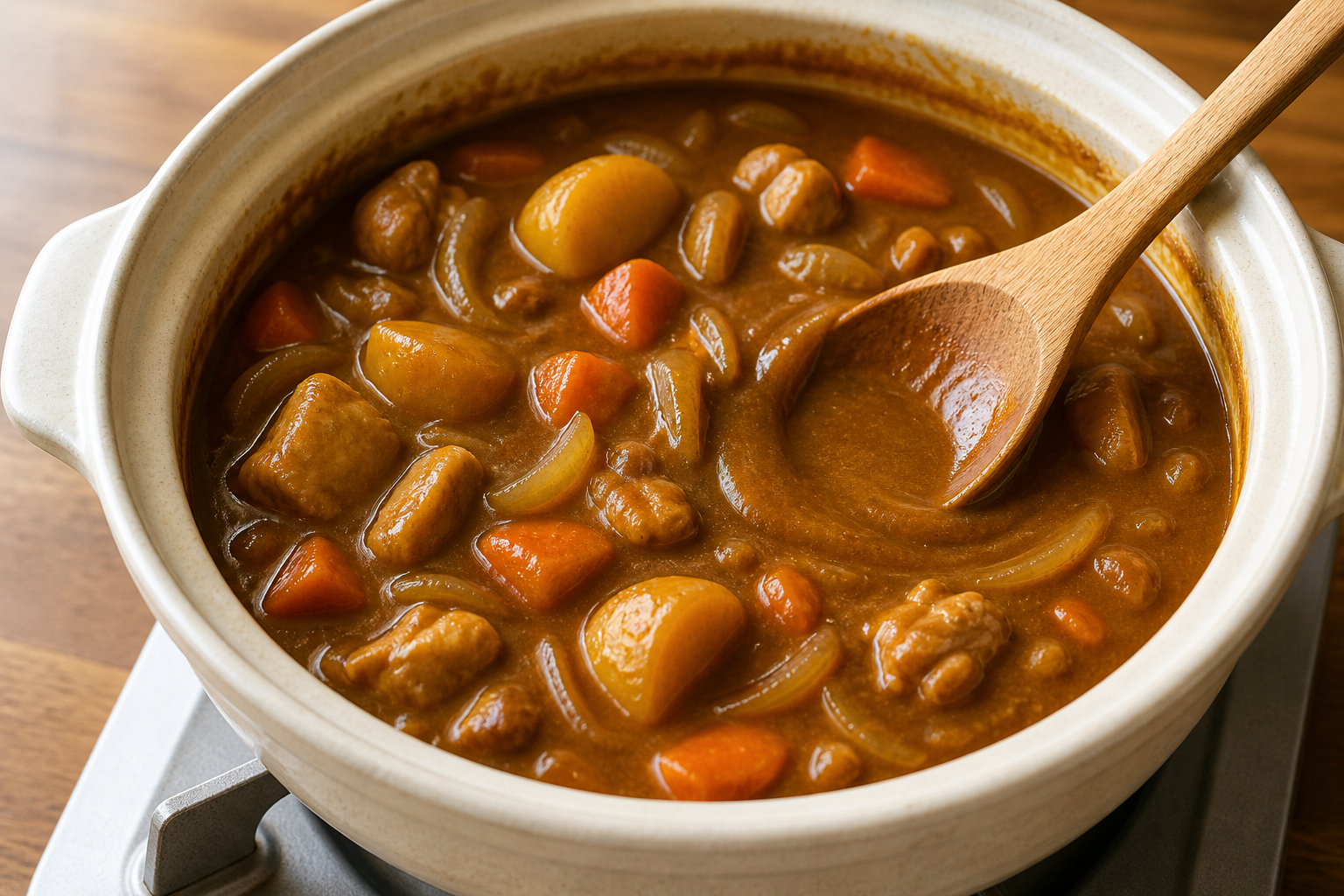 Thick glossy Japanese chicken curry being stirred with a wooden spoon