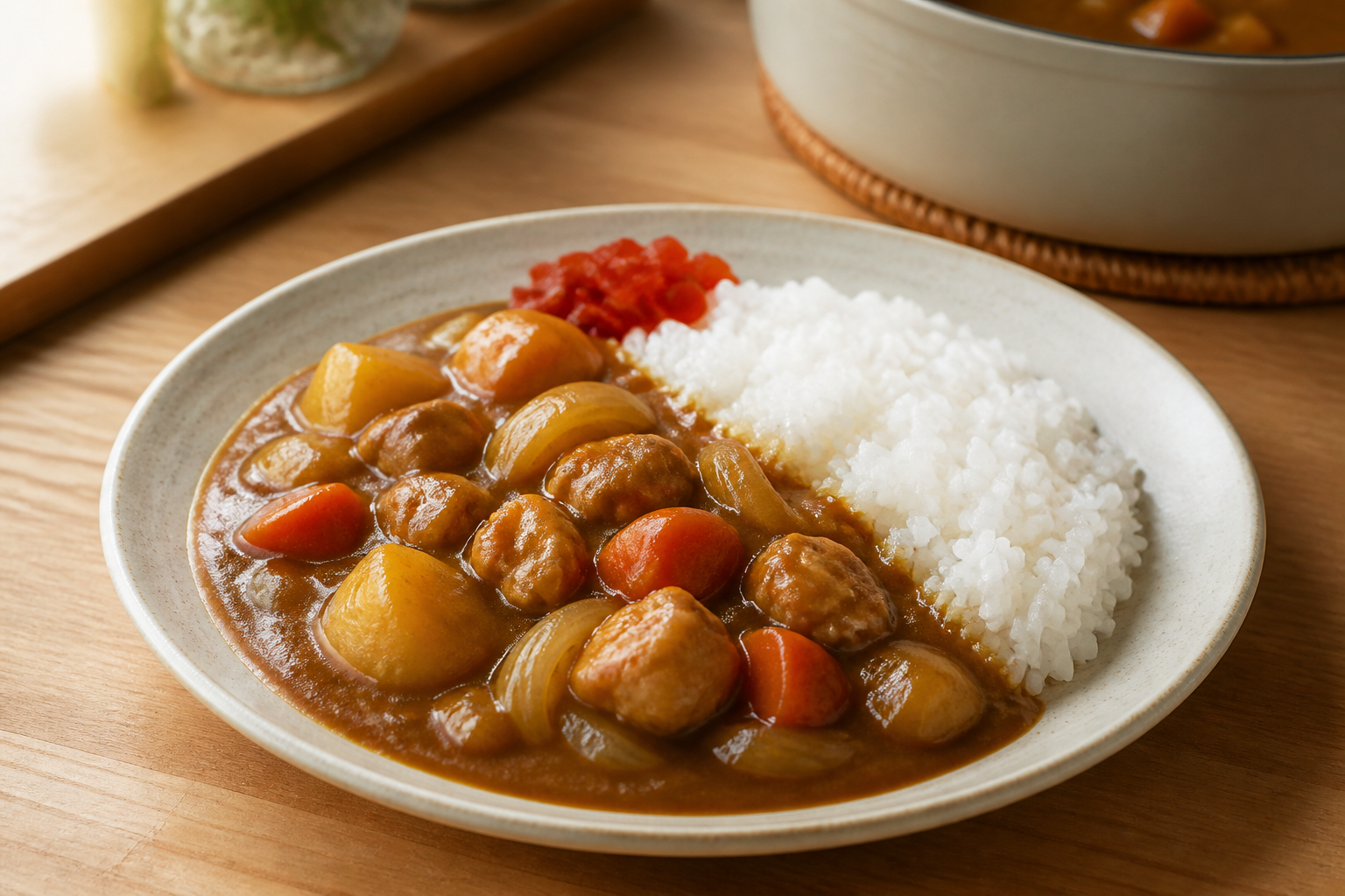 Finished Japanese chicken curry with potatoes, carrots and onions served beside white rice