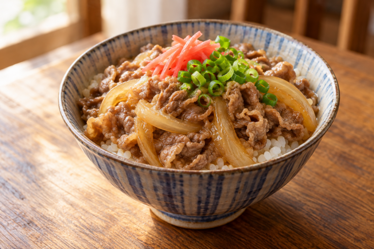Japanese gyudon beef and onion rice bowl with green onion and pickled ginger