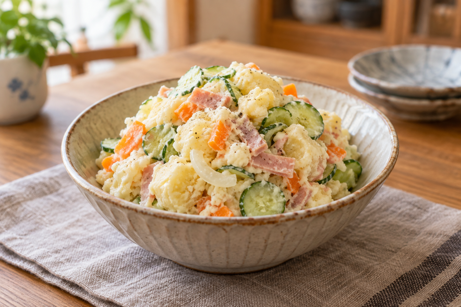 Creamy Japanese potato salad with cucumber, carrot and egg