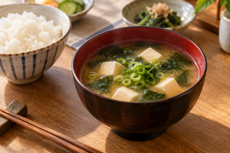 Japanese miso soup with tofu wakame and green onion