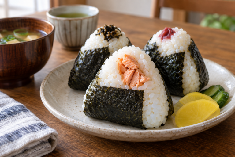 Homemade salmon onigiri rice balls wrapped in nori