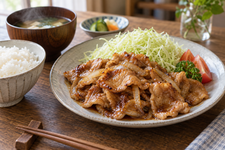 Japanese shogayaki ginger pork with onion and shredded cabbage
