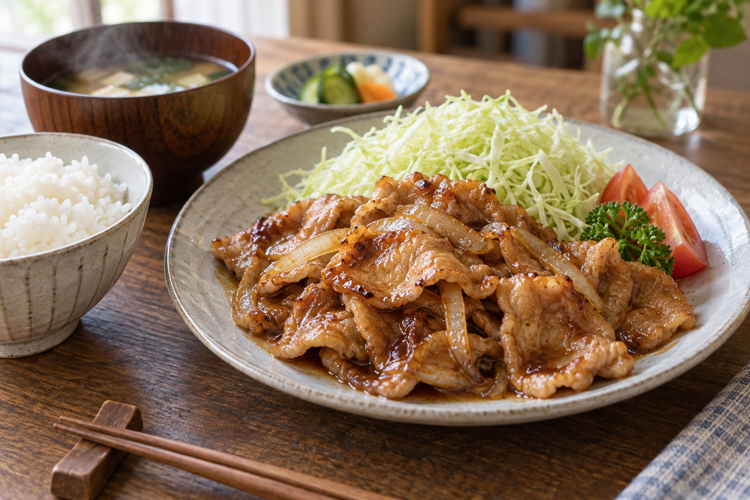 Japanese ginger pork with onion cabbage and rice