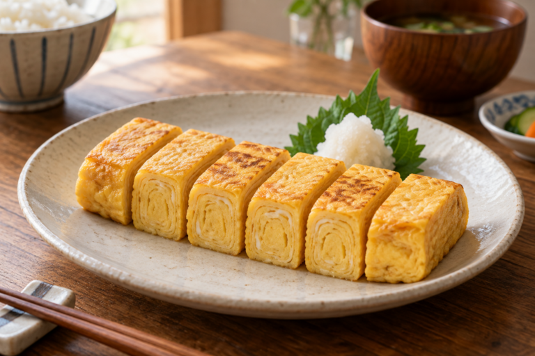Easy Japanese tamagoyaki sliced on a ceramic plate
