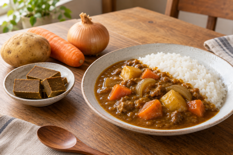 Japanese curry rice beside curry roux blocks and vegetables