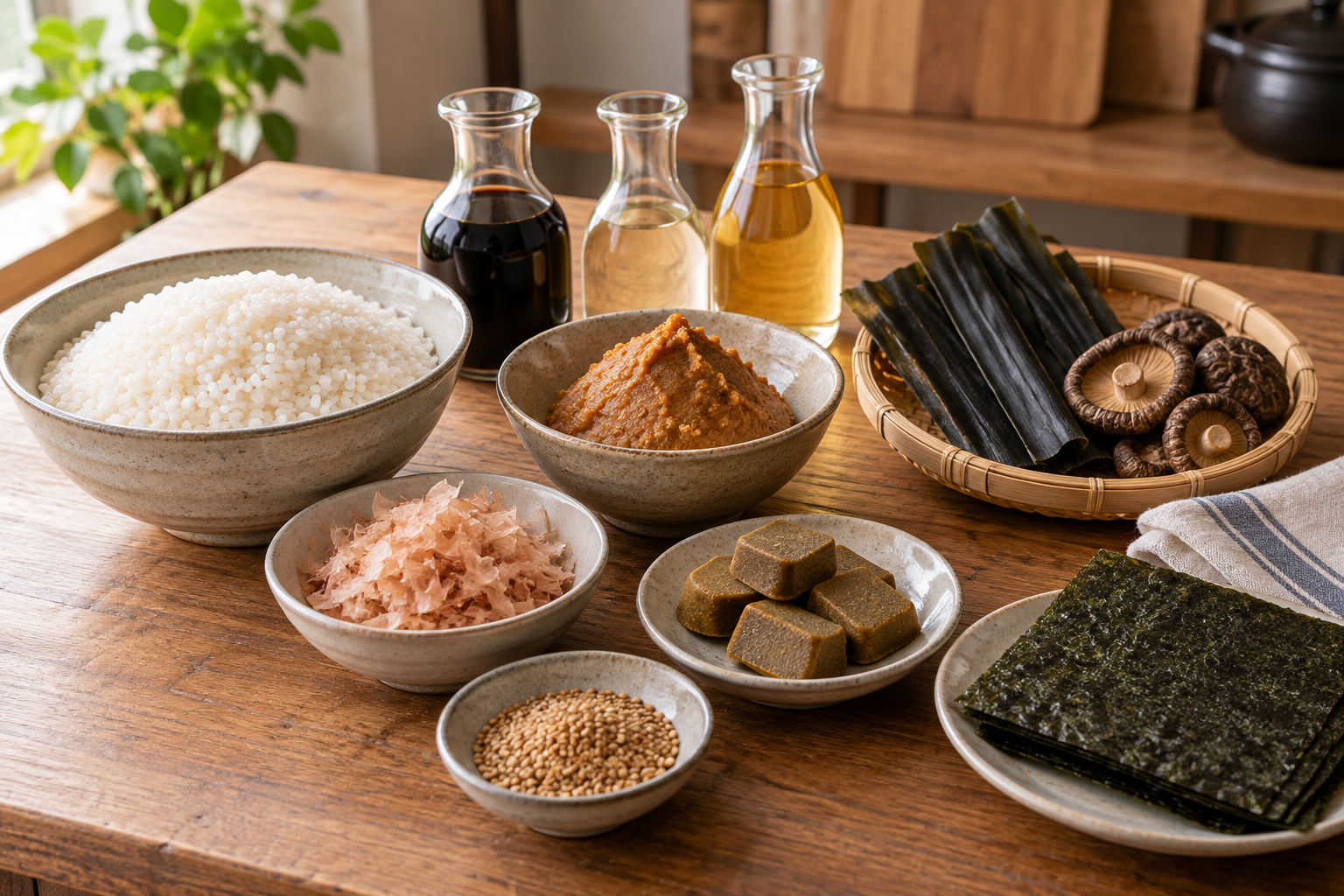 Essential Japanese pantry ingredients including rice, miso, soy sauce, kombu, dried shiitake, katsuobushi, sesame seeds and nori
