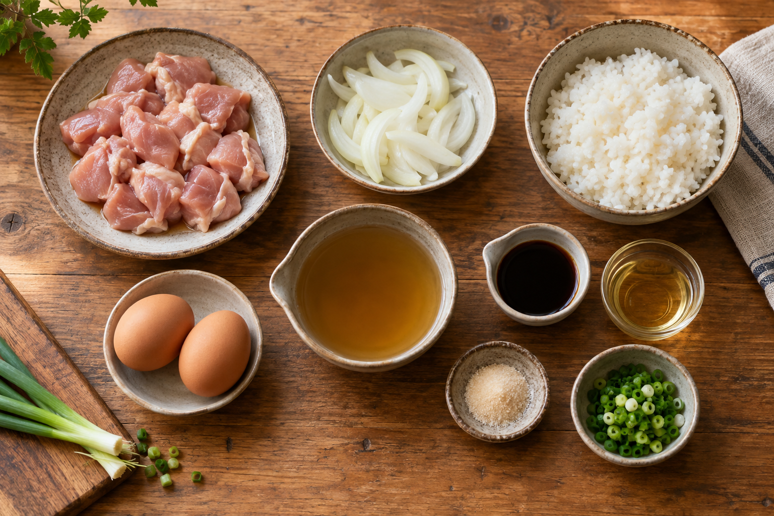 Ingredients for Japanese oyakodon including chicken, eggs, onion, rice and seasonings