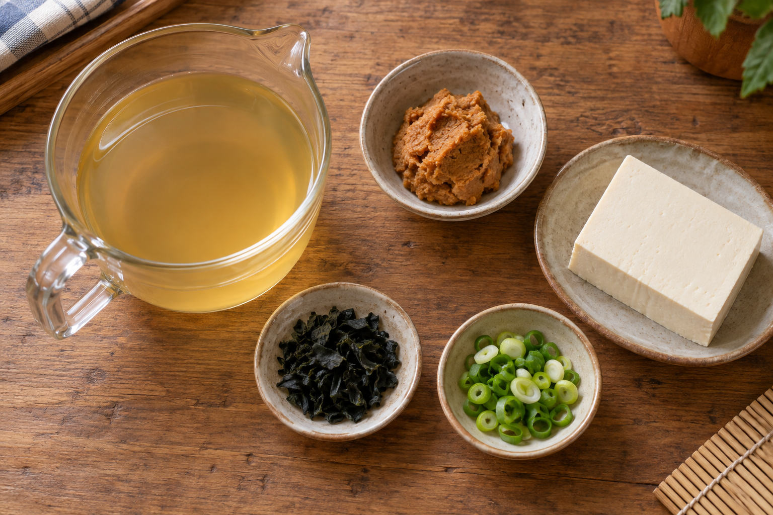 Ingredients for Japanese miso soup including dashi, miso, tofu, wakame and green onion