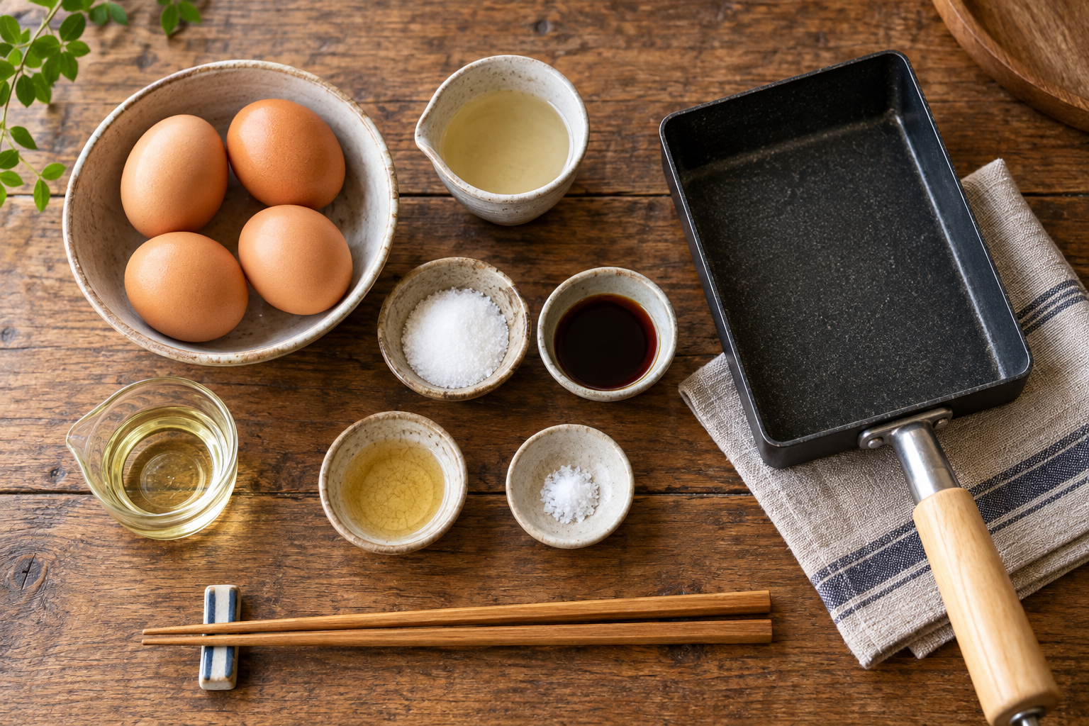 Eggs and seasonings arranged beside a rectangular tamagoyaki pan