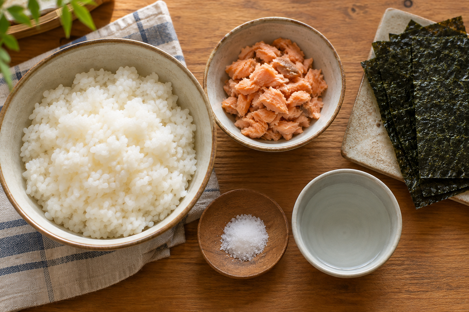 Cooked Japanese short-grain rice, cooked flaked salmon, nori, salt and water