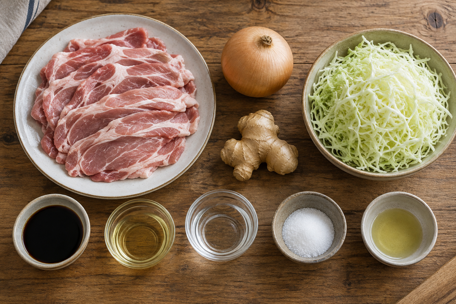 Thin pork slices, onion, ginger, cabbage and sauce ingredients for shogayaki