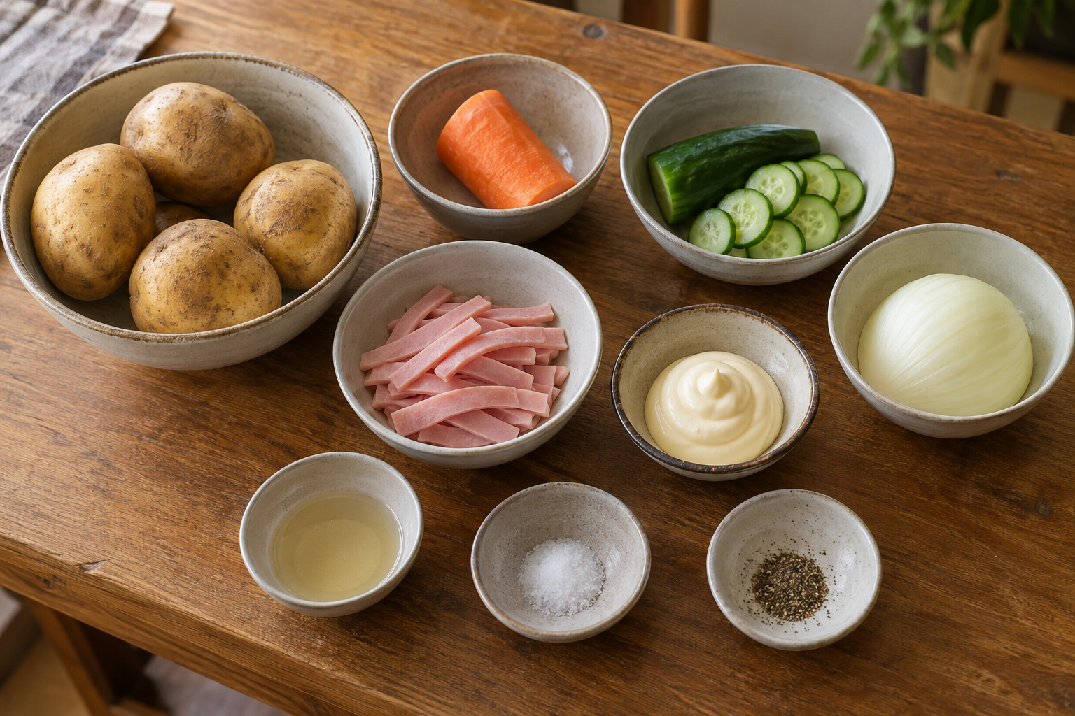 Ingredients for Japanese potato salad arranged in ceramic bowls