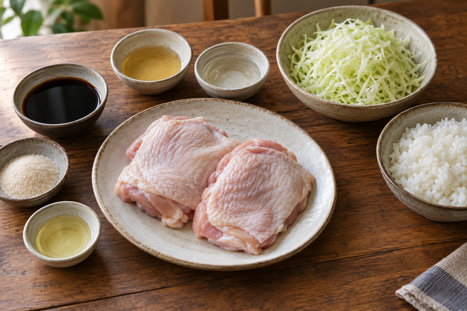 Ingredients for Japanese chicken teriyaki arranged on a wooden table