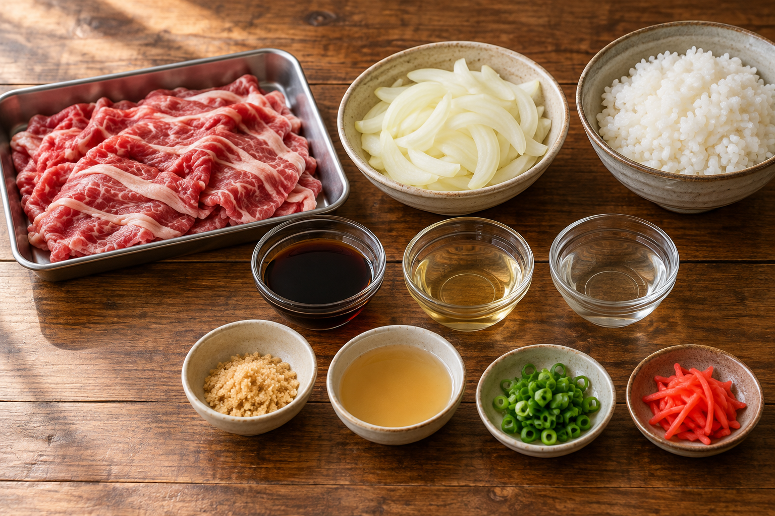 Ingredients for Japanese gyudon including thin beef onion rice soy sauce mirin sake sugar and dashi