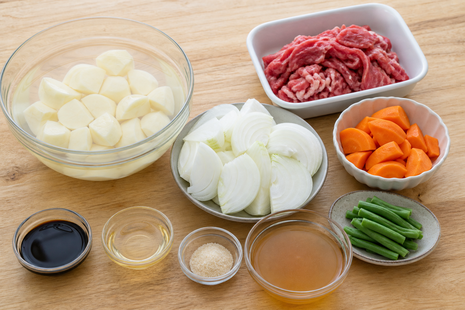 Ingredients for homemade nikujaga including thinly sliced beef, potatoes, carrots and onions