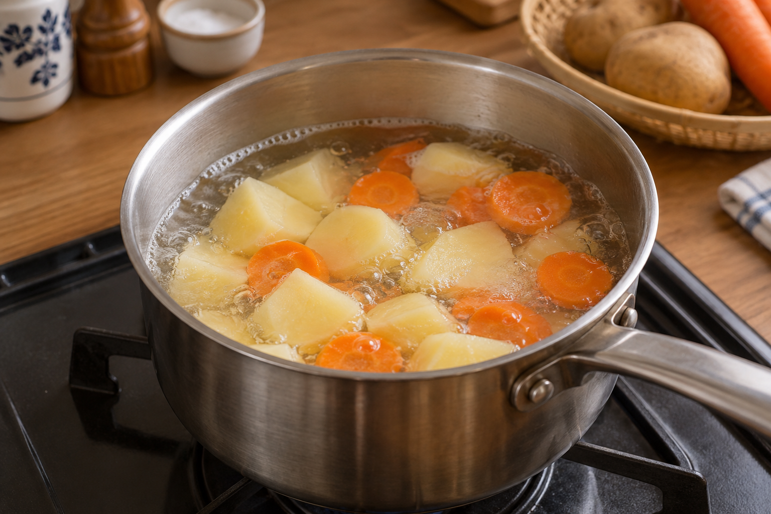 Potato chunks and carrot slices simmering in a saucepan