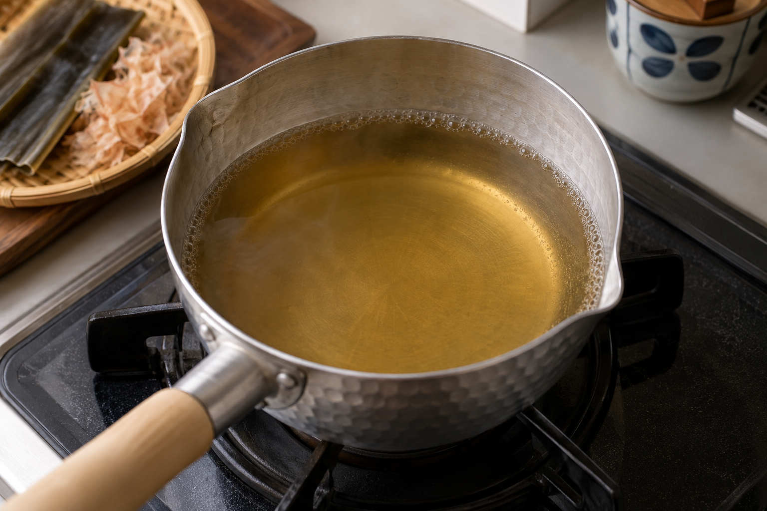 Clear dashi stock gently heating in a saucepan for miso soup