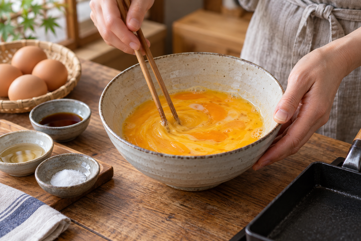 Eggs and seasonings being mixed gently with chopsticks in a ceramic bowl