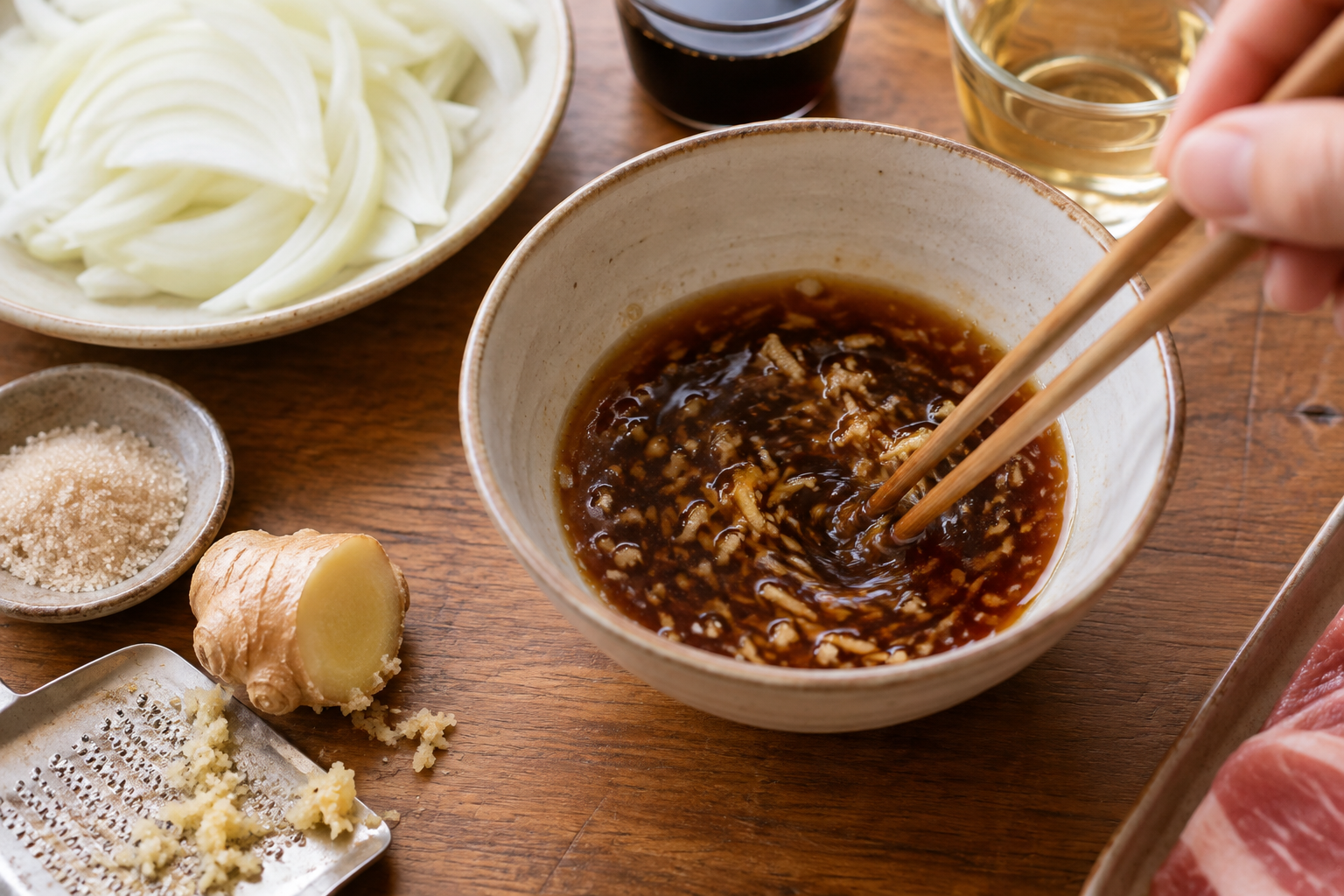 Soy sauce and freshly grated ginger being mixed for shogayaki sauce