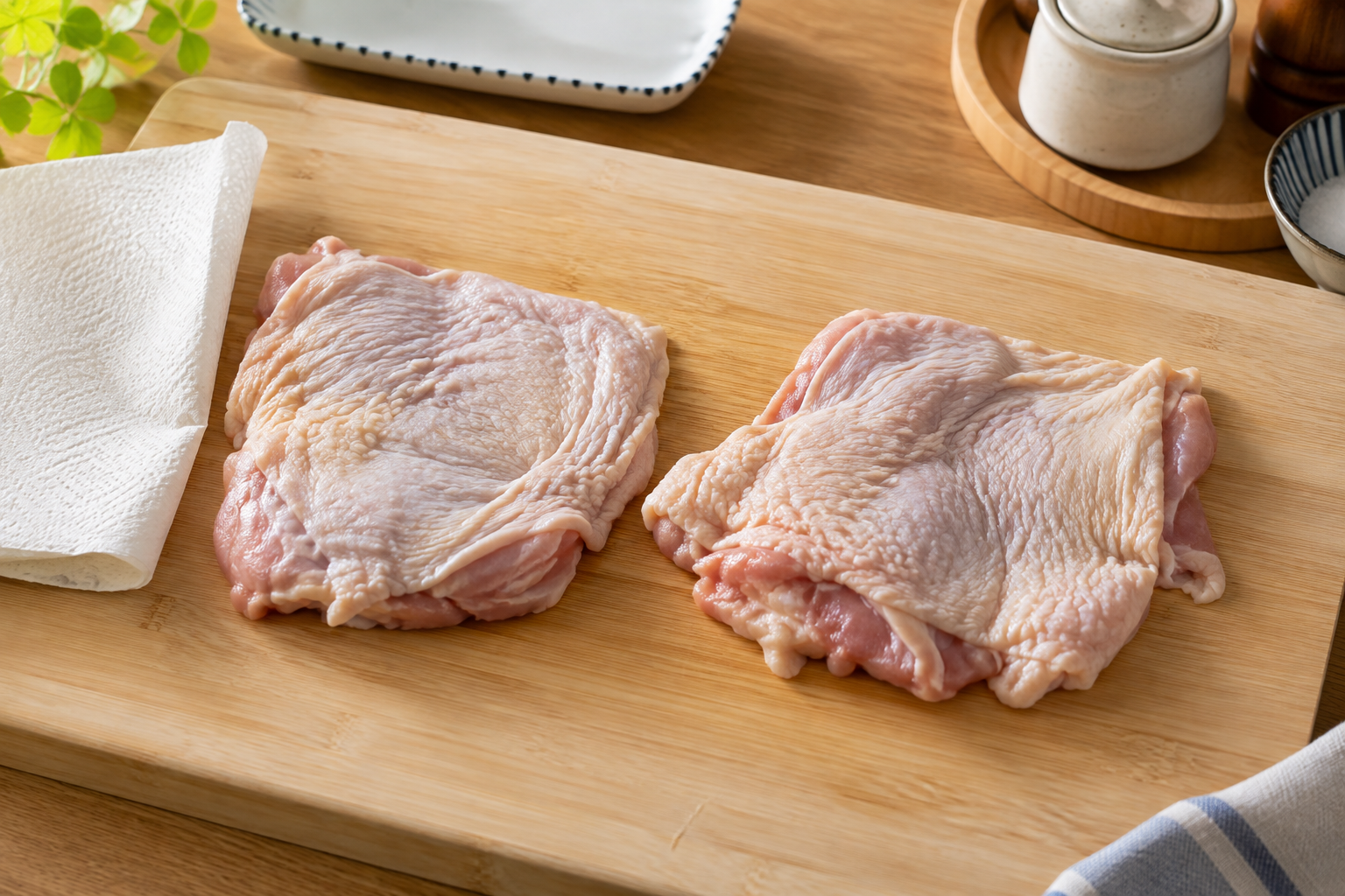 Boneless skin-on chicken thighs being prepared on a cutting board