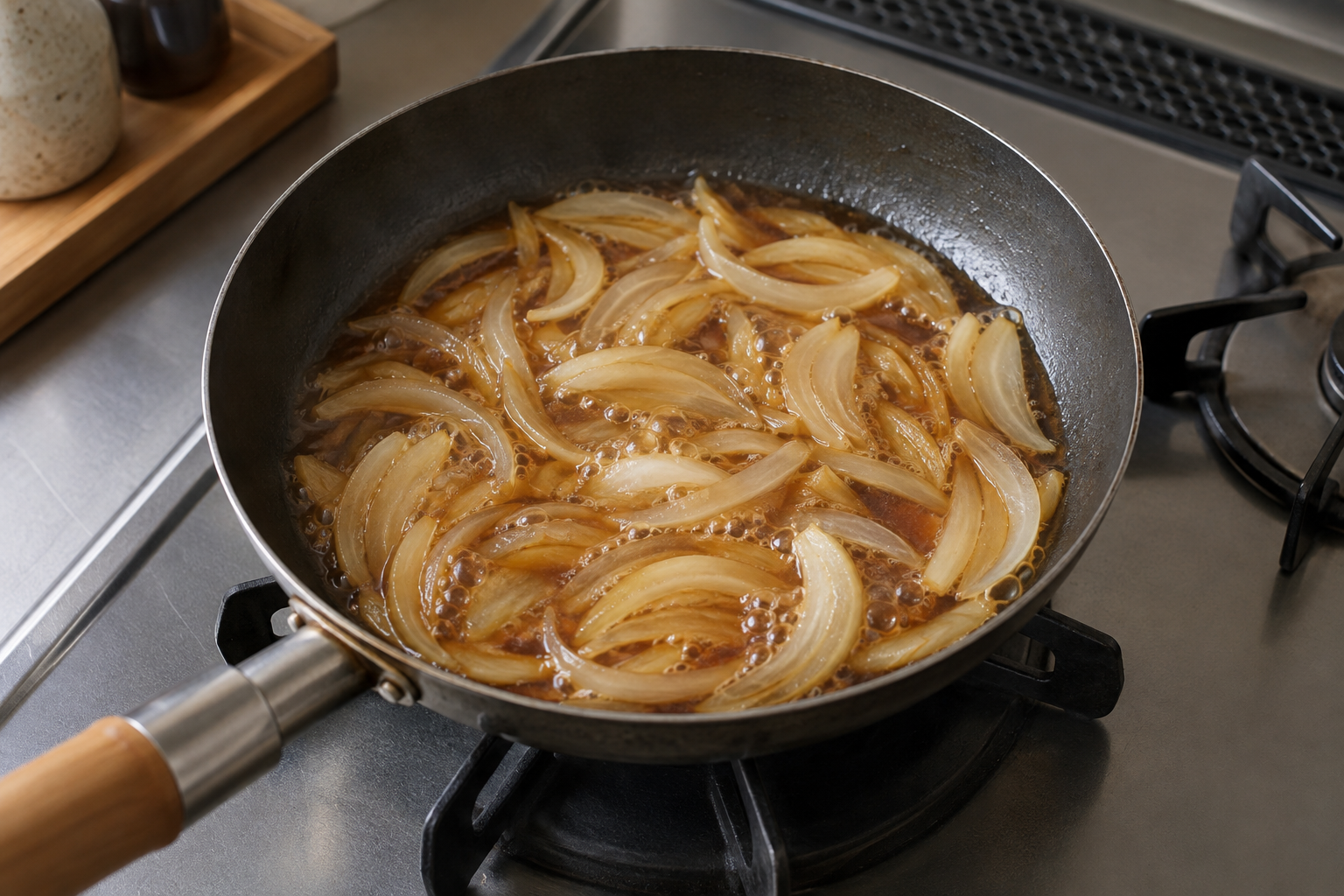 Sliced onion simmering in dashi and soy sauce for oyakodon