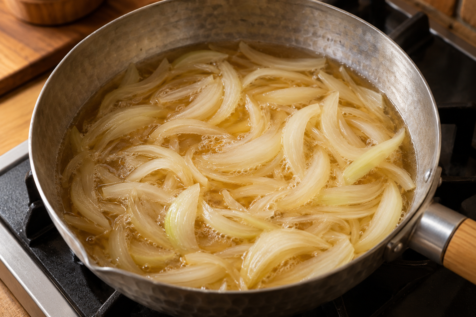 Sliced onions gently simmering in dashi in a shallow pan
