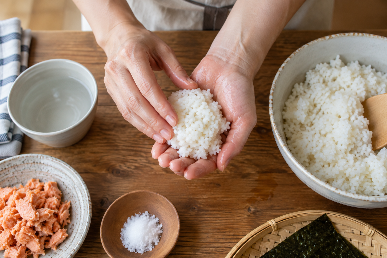 Warm short-grain rice being placed in clean damp hands for onigiri