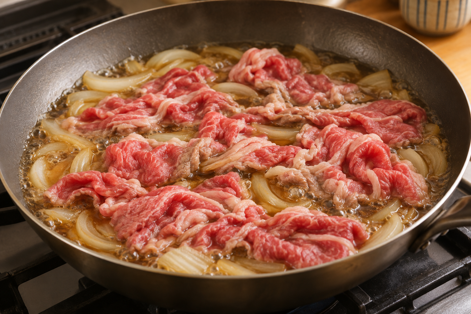Thinly sliced beef added over simmered onions in a shallow pan