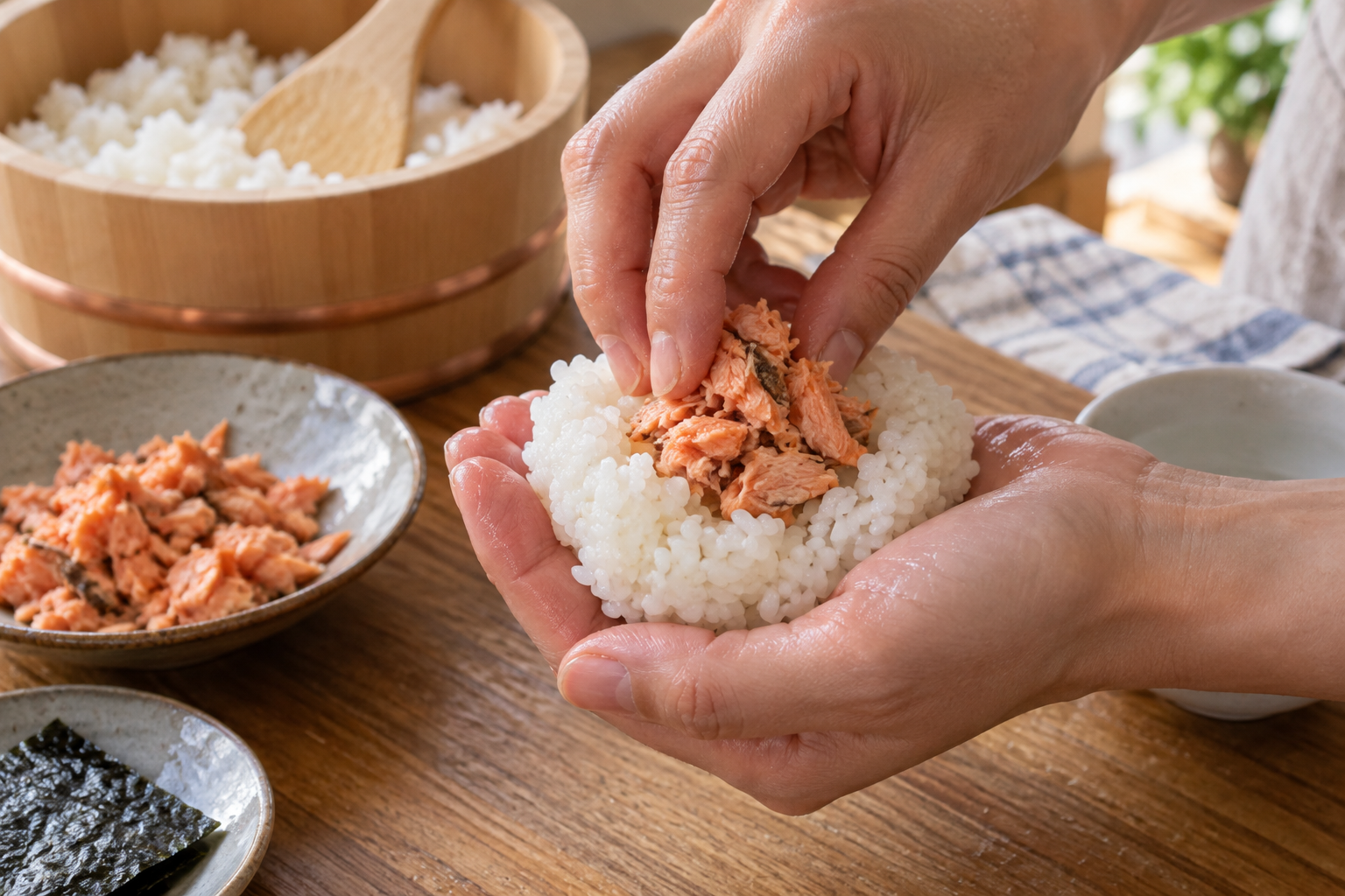 Fully cooked flaked salmon being added to the center of warm rice