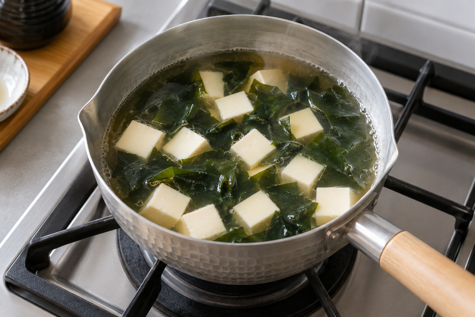 Tofu cubes and wakame warming in dashi for Japanese miso soup