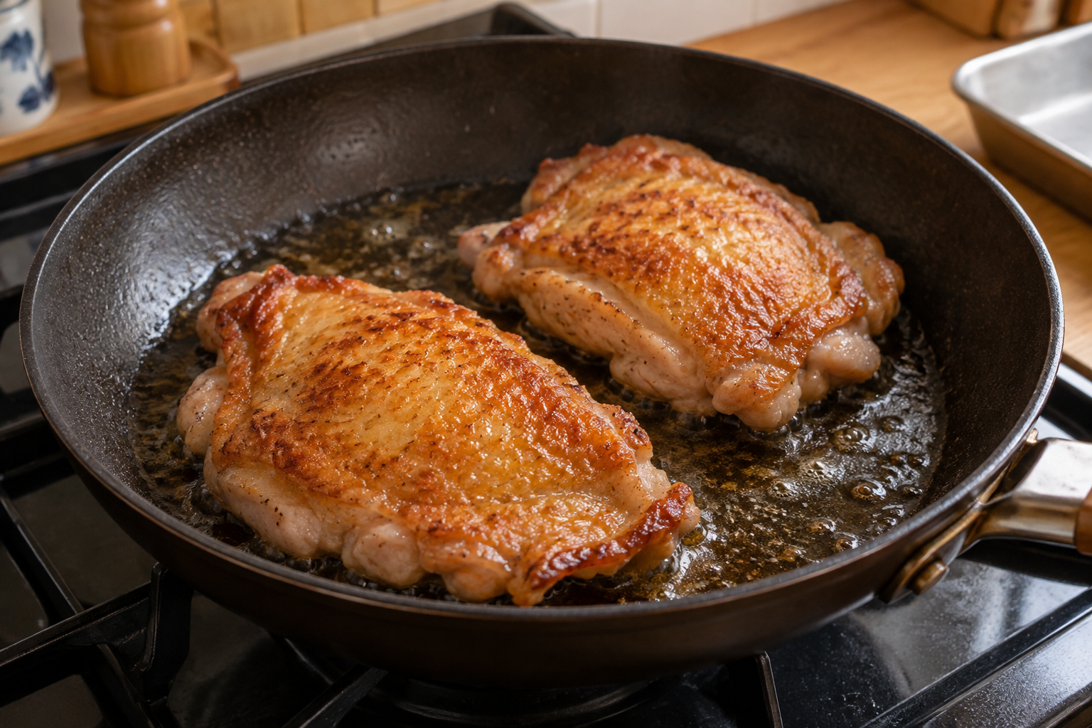 Chicken thighs cooking skin-side down until crisp and golden